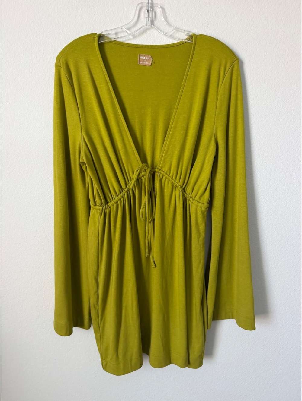 Free People- Free Est Tie V-Neck Chartreuse Green Boho Tunic Blouse Size L